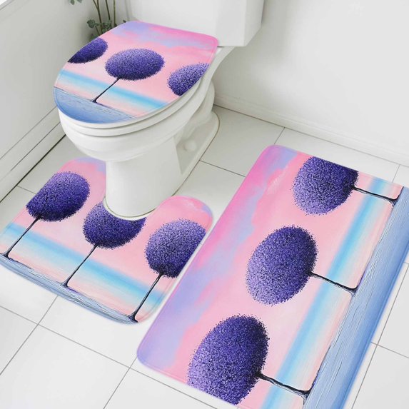 Purple Tree Bathroom Rugs Set Watercolor Gradient Pink Cloud Sky Purple Flower Leaf Non Slip Absorbent Soft Bath Mats 3 Piece Set with Bathroom Rug, U-Shaped Floor Mat, Toilet Seat Cover Small Size