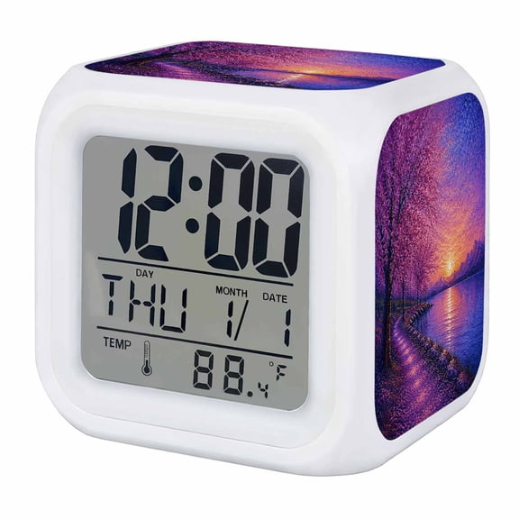 Purple Tree Digital Alarm Clock for Bedrooms,Smart LED Alarm Clock with 7 Color Changing Night Light,Fantasy Sunset Lakeside Path Mountains Ripples Silent Wake Up Clocks for Sleep Study 3.2"x3.2"