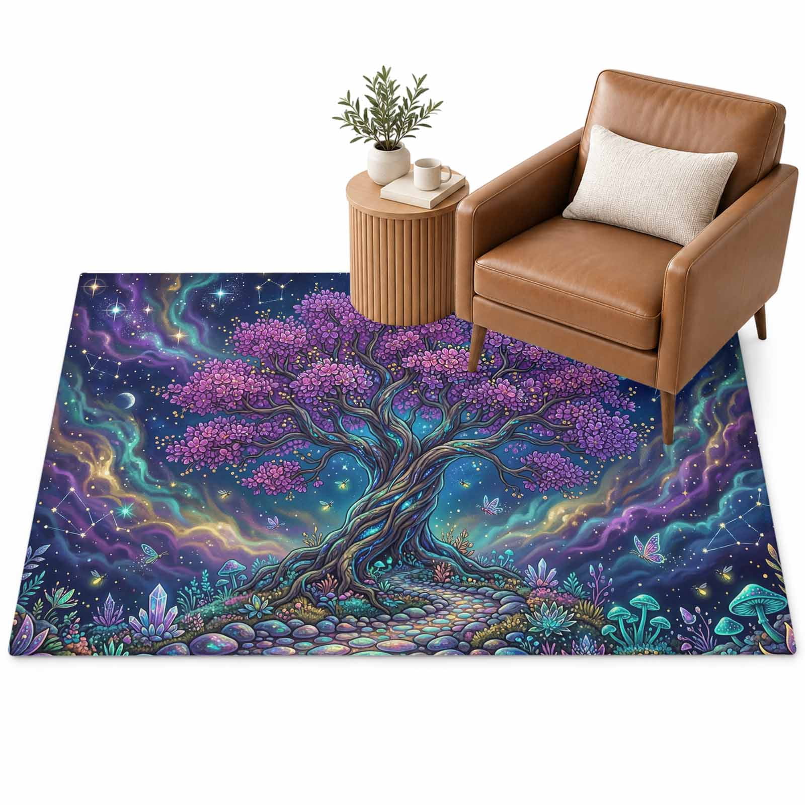 Purple Tree Flowers Area Rug 4'x6', Dreamy Mystical Night Butterfly ...
