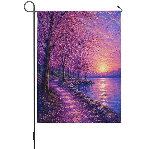 Purple Tree House Flag 28 x 40 Inches, Sunset Lakeside Path Mountains Water Ripples Weather Proof Outdoor Patio Flags Double Sided Small House Decoration for Yard Lawn Outside Home