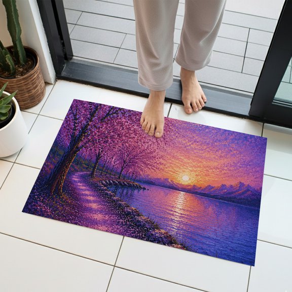 Purple Tree Indoor Door Mat 16x24 Inch Sunset Lakeside Path Mountains Water Ripples Front Door Mat Non Slip Washable Entryway Rug Low Profile Dirt Trapper Doormat for Bathroom Kitchen Bedroom