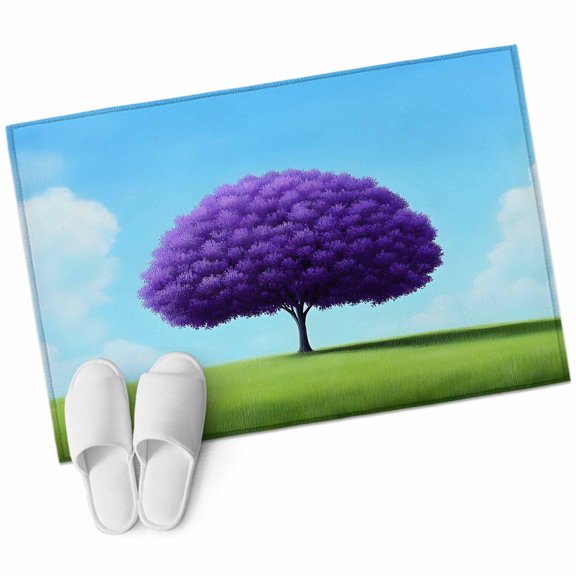 Purple Tree Landscape Area Rug 2x3ft Watercolor Purple Leaf Green Plant Grass Blue Sky Non-Slip Washable Square Rugs Soft Felt Indoor Floor Mat for Bedroom Kitchen Living Room Bathroom