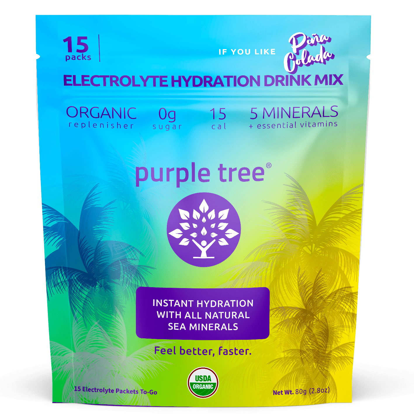 Purple Tree Organic Electrolyte Hydration Packets, Pina Colada, Sugar