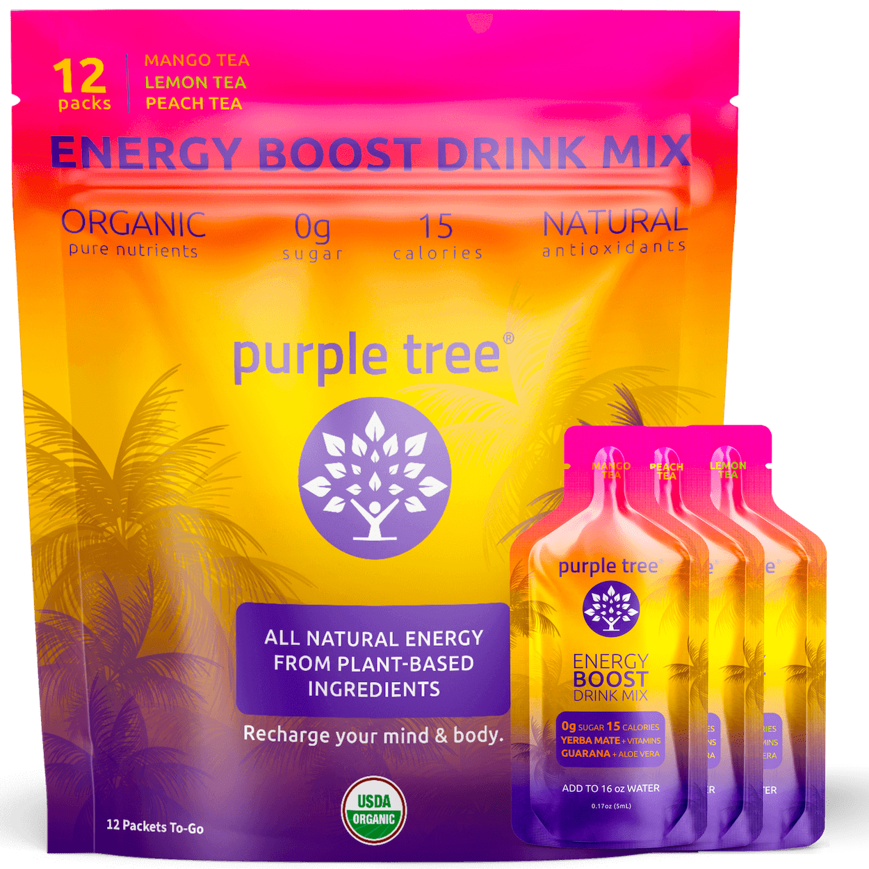 Purple Tree Organic Energy Booster Packets, Natural Caffeine, B12