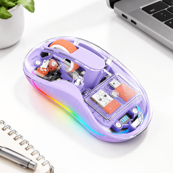 Purple Tri-Mode Wireless Transparent Computer Mouse with RGB Lighting