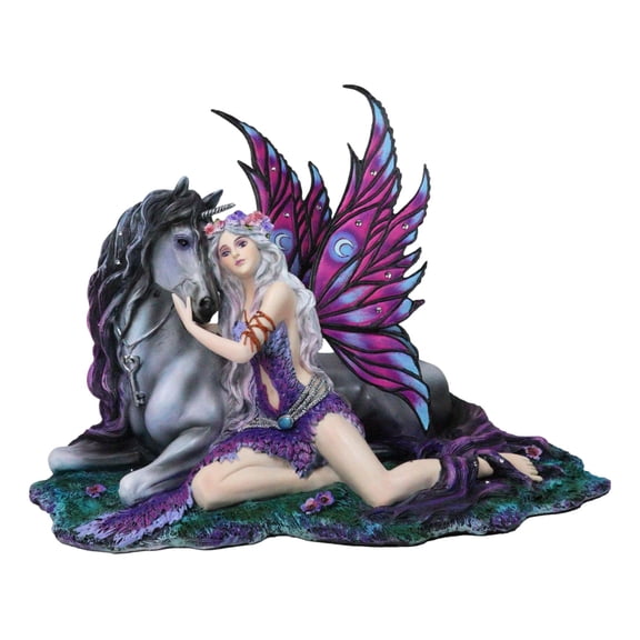 Purple Tribal Fairy Sitting With Midnight Key Lock Dark Unicorn Figurine 14.5"L