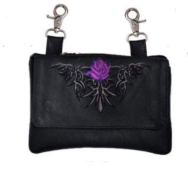 Purple Tribal Rose Black Leather Motorcycle Hip Bag Purse