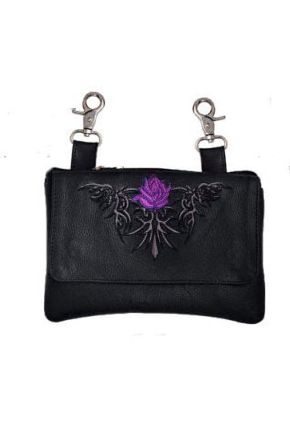 Purple Tribal Rose Black Leather Motorcycle Hip Bag Purse