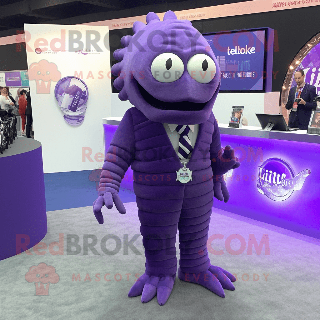 Purple Trilobite REDBROKOLY mascot costume character dressed with a ...