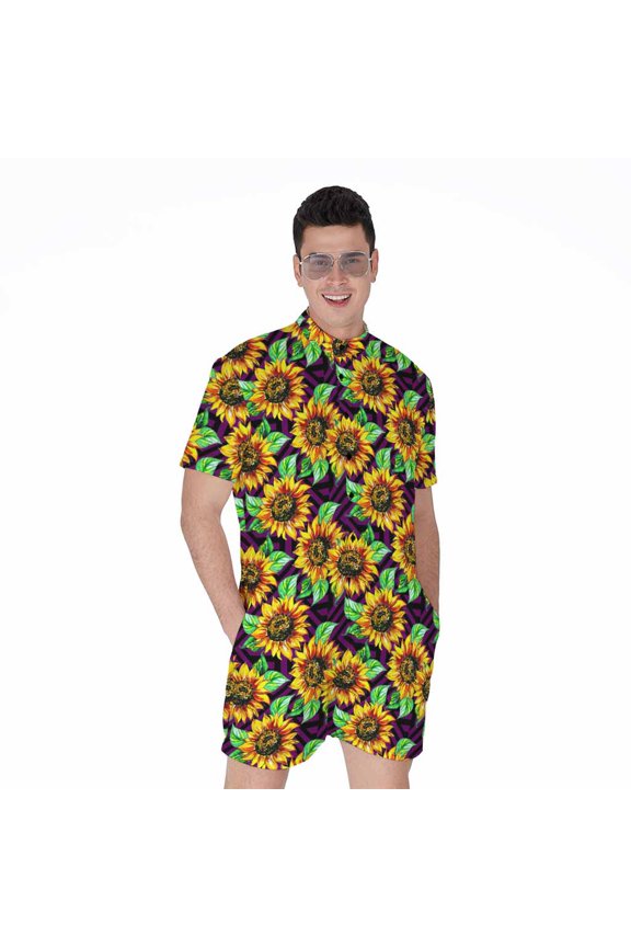 Purple Trippy Sunflower Pattern Short Sleeve Men'S Rompers Casual Summer Jumpsuits Outfit