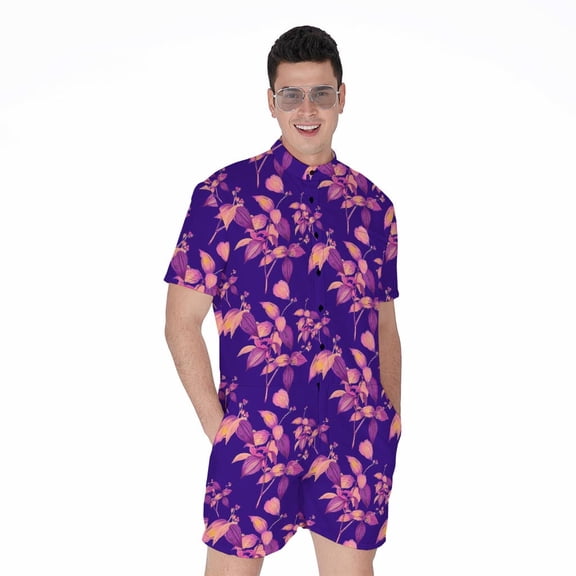 Purple Tropical Hawaiian Pattern Short Sleeve Men'S Rompers, Aloha Tropical Hawaiian Casual Summer Jumpsuits Outfit
