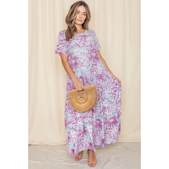 Purple Tropical Short Sleeve Tiered Maxi Dress