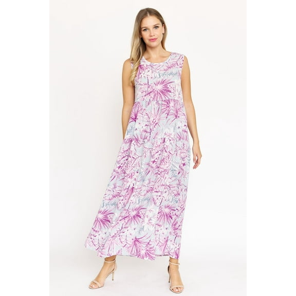 Purple Tropical Sleeveless Tiered Maxi Dress