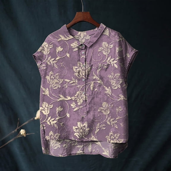 Purple Tshirts for Women Cute Tops for Women Collar Non Sleeve Linen Shirts Plus Size Floral Blouses Casual Summer Clothes Summer Tops