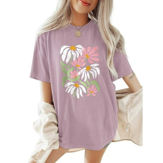 Purple Tshirts for Women Flower Graphic Tees Short Sleeve Shirts 2025 Summer Casual Loose Fit Beach Tops Going Out Tops for Women