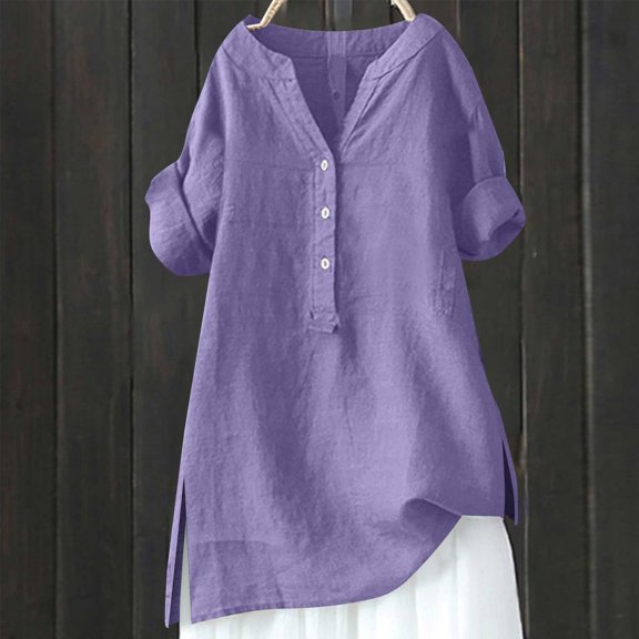 Purple Tshirts for Women Loose Button Shirt Top Stand Solid Color Sleeve Collar Casual Women's Shirt Women's Shirt Summer Tops