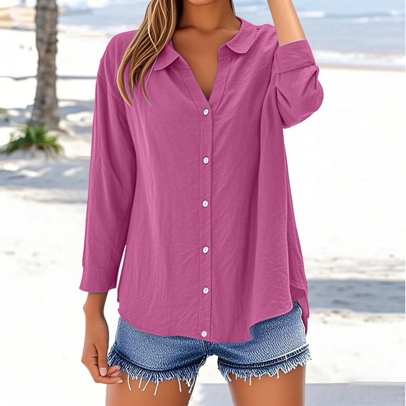 Purple Tshirts for Women Loose Shirt Top Stand Solid Color Long Sleeve Lapel Collar Casual Women's Shirt Women's Shirt Summer Tops
