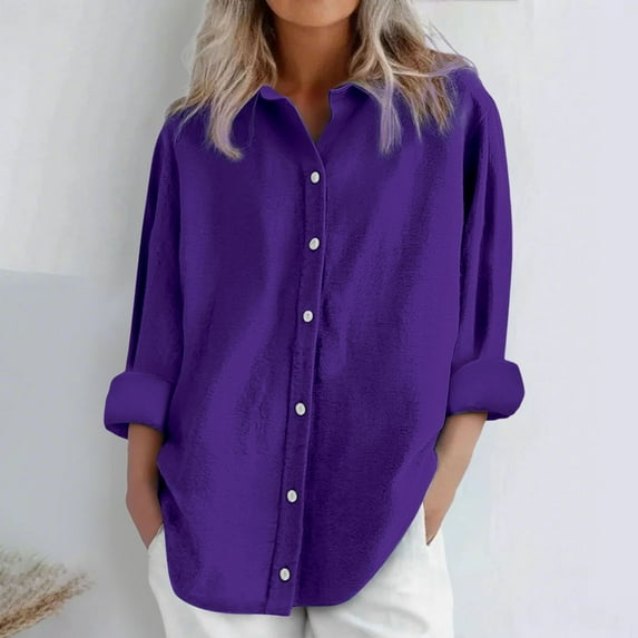 Purple Tshirts for Womens Daily Casual Linen Shirts Long Sleeve Shirts Tops Casual Blouses Loose Fit Shirt Womens Long Sleeve Tops