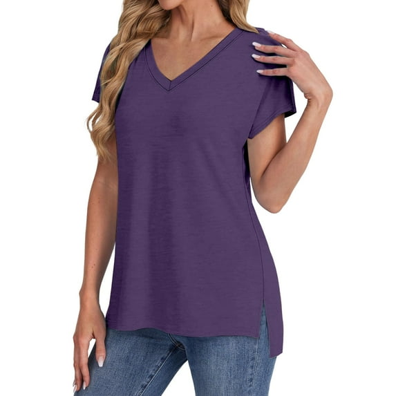Purple Tshirts for Womens Summer Daily Casual V Neck Shirts Short Sleeve Tops Blouses Loose Fit Shirt Womens Shirts