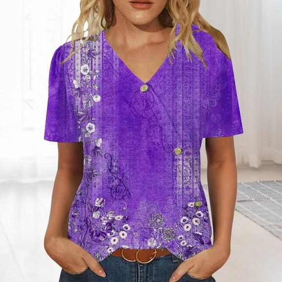 Purple Tshirts for Womens Tops Casual Short Sleeve V Neck Shirts Puff Sleeve Tshirts Loose Casual Blouse Summer Tee Summer Tops