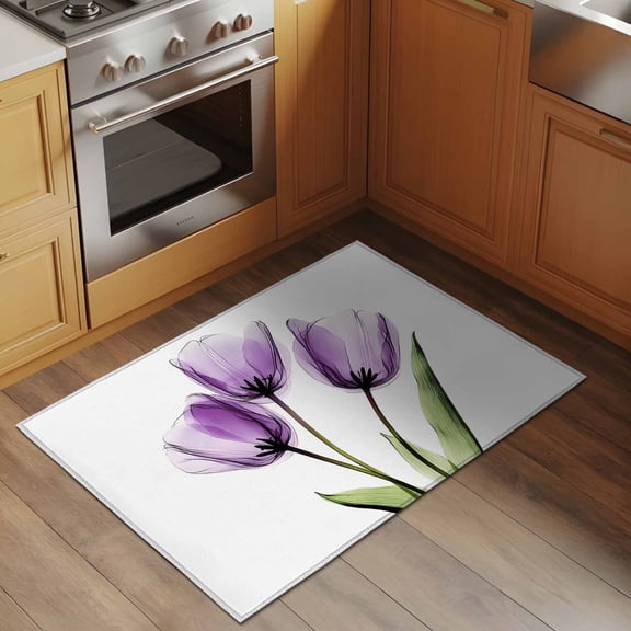 Purple Tulip 2x3 Rug for Entryway Front Door Kitchen Sink Area, X-ray Image Flower Abstract Transparent Floral Low Pile Washable Non Slip Rectangle Area Rug