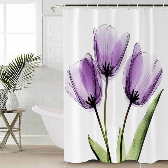 Purple Tulip Bathroom Curtain 72 Inch Shower Curtain with Hooks, Aesthetic&nbsp;Pastoral Flower Floral Spring Waterproof Polyester Bath Curtain Washable Bathtub Curtain 48''x 72''