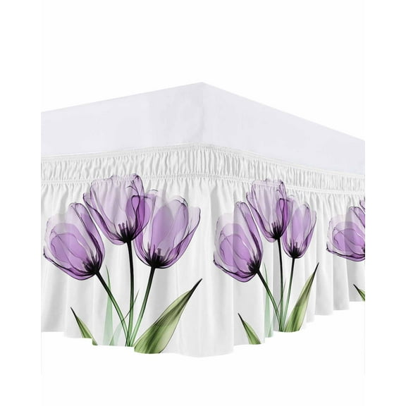 Purple Tulip Bed Skirt King Size 18" Drop Flower Farmhouse Floral Ruffled Wrap Around Bed Skirts Adjustable Elastic Bedskirt Dust Ruffle for King Size Bed