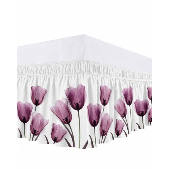 Purple Tulip Bed Skirt Queen Size 16" Drop Flower Transparent Floral Ruffled Wrap Around Bed Skirts Adjustable Elastic Bedskirt Dust Ruffle for Queen Size Bed