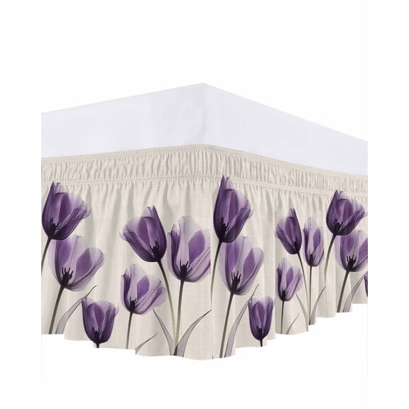 Purple Tulip Bed Skirt Queen Size 16" Drop Minimalist Modern Flowers Art Linen Background Ruffled Wrap Around Bed Skirts Adjustable Elastic Bedskirt Dust Ruffle for Queen Size Bed