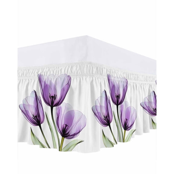Purple Tulip Bed Skirt Queen Size 16" Drop Transparent Flower Purple Floral Ruffled Wrap Around Bed Skirts Adjustable Elastic Bedskirt Dust Ruffle for Queen Size Bed