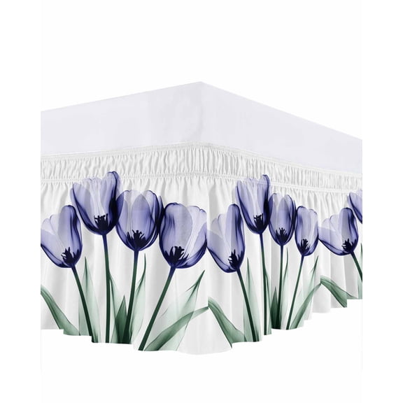 Purple Tulip Bed Skirt Transparent Flowers Vintage Tulip Bed Skirts Queen Size 16 Inch Drop, Wrap Around Dust Ruffle Bedskirt with Adjustable Elastic Belt for Queen Size Beds