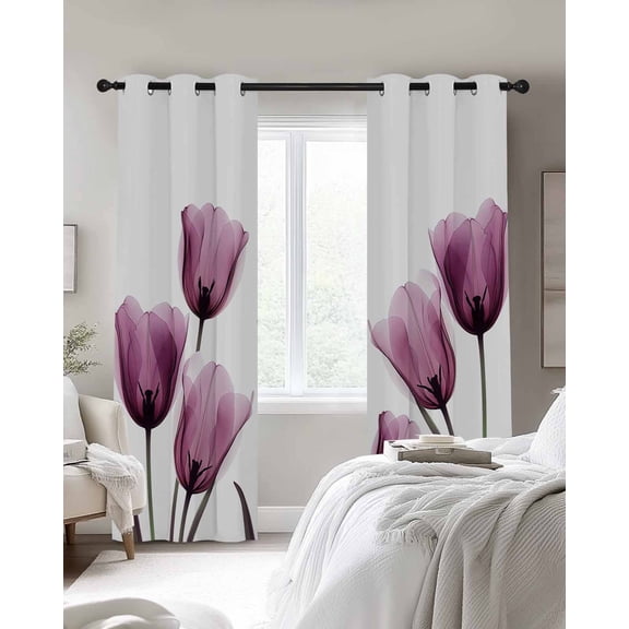 Purple Tulip Blackout Curtains 2 Panels X-ray Flower Transparent Floral Thermal Insulated Grommet Window Curtains for Bedroom Living Room 52"x54"