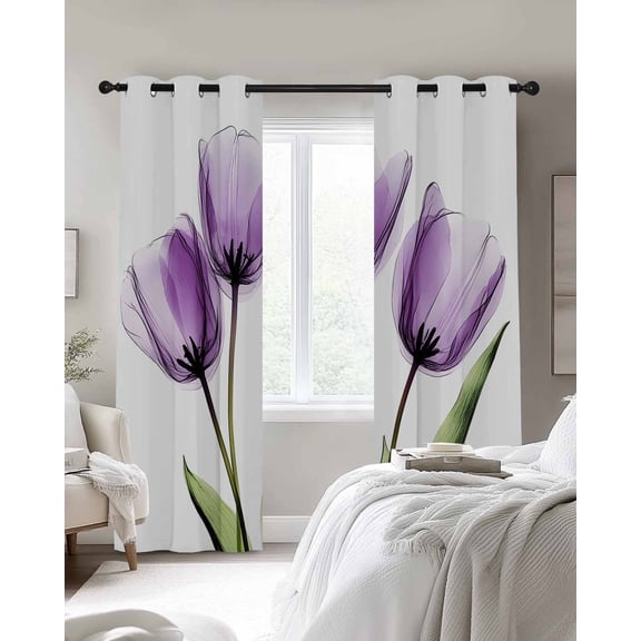Purple Tulip Blackout Curtains 2 Panels X-ray Image Flower Abstract Transparent Floral Thermal Insulated Grommet Window Curtains for Bedroom Living Room 27.5"x39"
