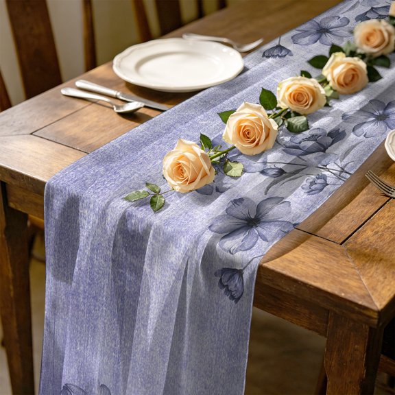 Purple Tulip Buds 4.5 ft Cheesecloth Table Runner for Wedding 19"x55", Botanical Floral Rustic Retro Farm Kitchen Dinner Sheer Tulle Chiffon Dresser Scarf, Holiday Party Decorations