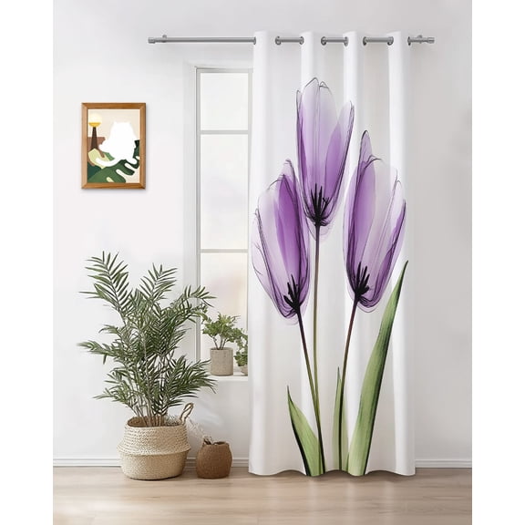 Purple Tulip Curtains 24 inches Long for Living Room Bedroom X-ray Image Flower Abstract Transparent Floral Sliding Door Sheer Curtains Light Filtering Curtain 1 Panel Grommet Window Drape