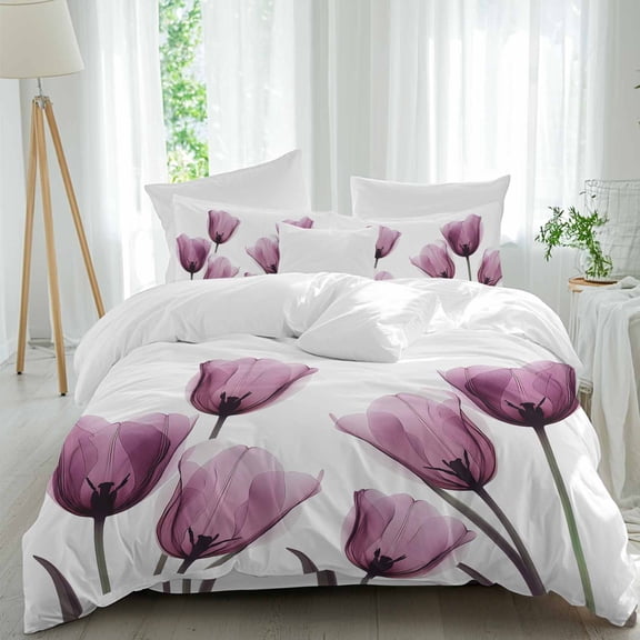 Purple Tulip Duvet Cover Set Queen Size Flower Transparent Floral Soft Lightweight Comforter Covers 4 Piece Bedding Set with 1 Duvet Cover 1 Bed Sheet & 2 Pillow Shams