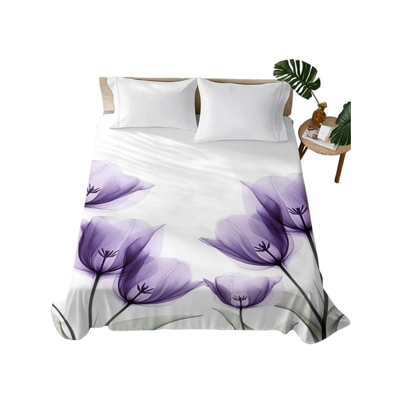 Purple Tulip Flat Sheet Only Twin Size, Soft Breathable Bed Top Sheets for Mattress, Spring Floral Pastoral Flower Aesthetics Luxury Bedding Flat Sheets for Home Hotel Bedroom Bed Protection