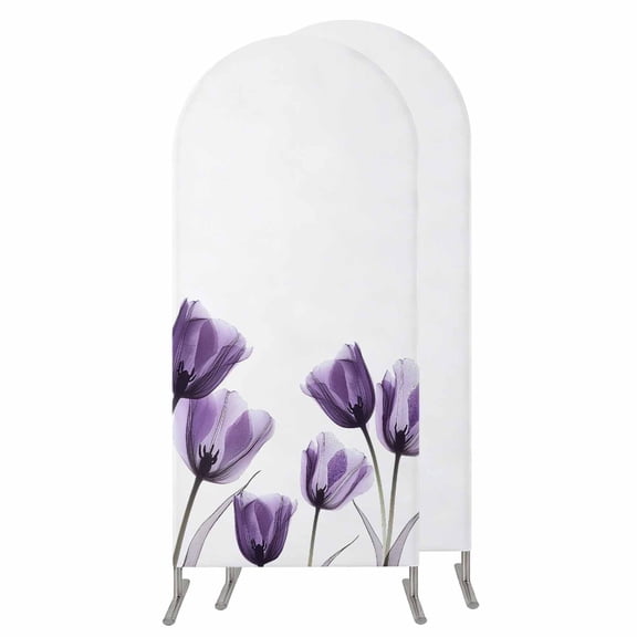 Purple Tulip Floral Arch Backdrop Cover 4 FT,Spandex Wedding Arch Stand Covers Stretchy Backdrop,Pastel Country White Wildflower Round Top Party Arched Background for Birthday Event Baby Shower Decor
