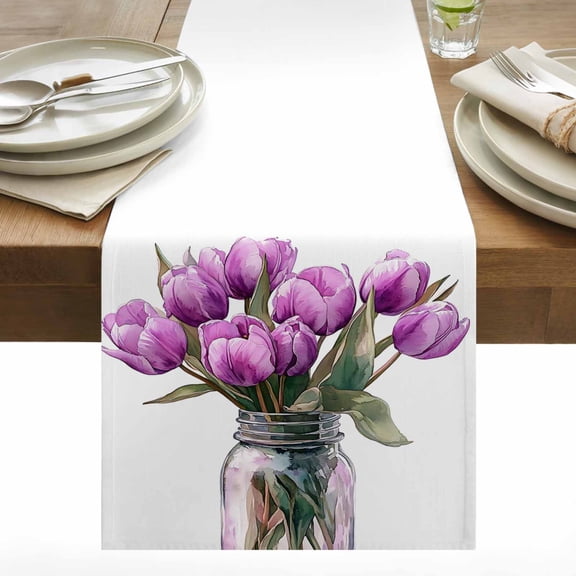 Purple Tulip Floral Cotton Linen Table Runner Spring Retro Flower Vase Watercolor Style Farm Dining Table Runners for Home Decor Party Dining Room Restaurant Kitchen 13" x 48"