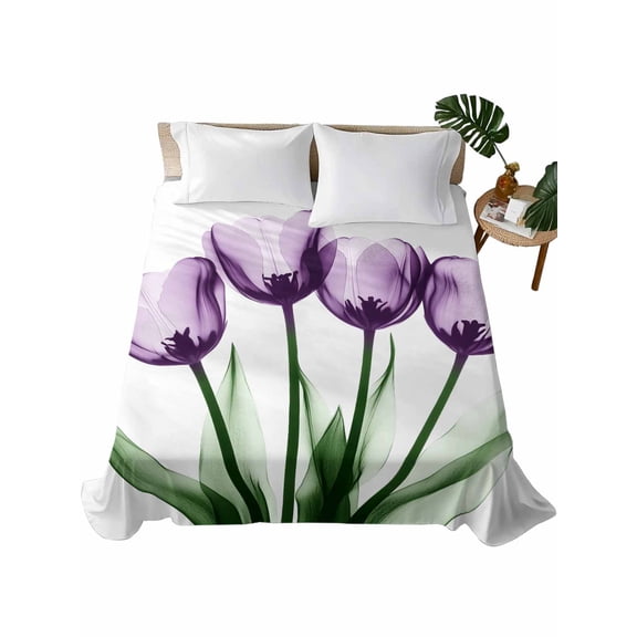 Purple Tulip Floral Flat Sheets Only Queen Size, Soft Breathable Bed Top Sheets for Mattress, Farmhouse Elegant Botanical Flowers Luxury Bedding Flat Sheets for Home Hotel Bedroom Bed Protection