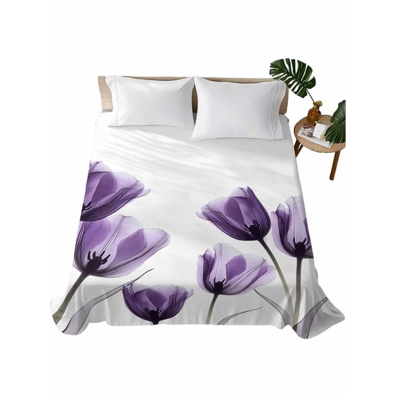 Purple Tulip Floral Flat Sheets Only Queen Size, Soft Breathable Bed Top Sheets for Mattress, Pastel Country White Wildflower Luxury Bedding Flat Sheets for Home Hotel Bedroom Bed Protection