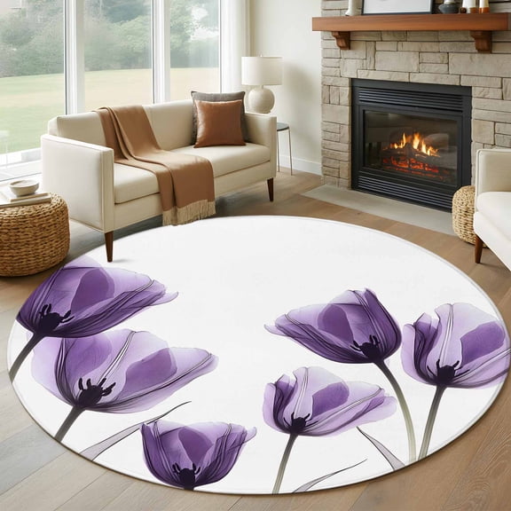 Purple Tulip Floral Large Round Rug 8 FT, Non Slip Living Room Area Carpet, Pastel Country White Wildflower Washable Soft Circle Rug Non-Shedding Floor Carpet for Bedroom Office Dining Room