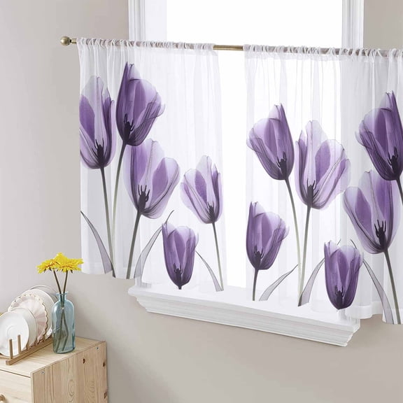 Purple Tulip Floral Sheer Curtains 54 Inches Length 2 Panels Set, Window Sheer Curtains for Living Room/Bedroom, Pastel Country White Wildflower Light Filtering Rod Pocket Curtain 52'' x 54'' x 2