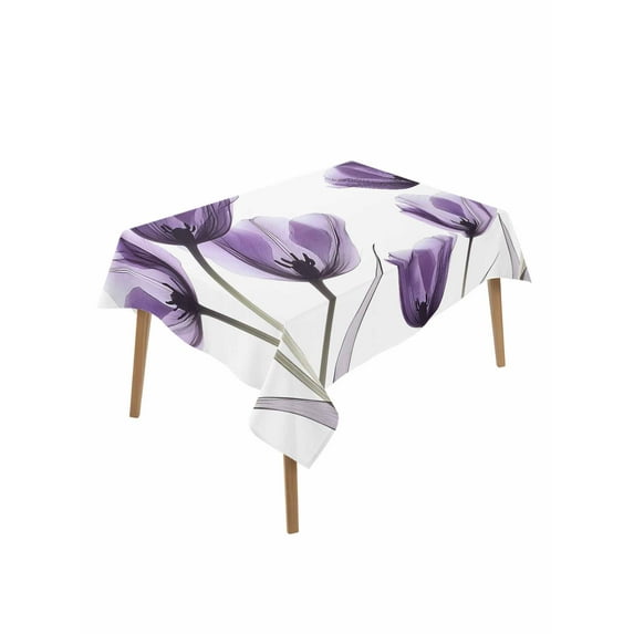 Purple Tulip Floral Table Cloth, Pastel Country White Wildflower Waterproof Tablecloth for Rectangle Tables, Reusable Washable Fabric Table Cover for Restaurant Kitchen Dining Tables 52"x70"