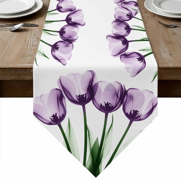 Purple Tulip Floral Table Runner Linen Burlap Table Runner 90 Inches Long Farmhouse Elegant Botanical Flowers Dresser Scarves for Kitchen Island Coffee Dining Party Wedding Holiday Decor 13"x90"