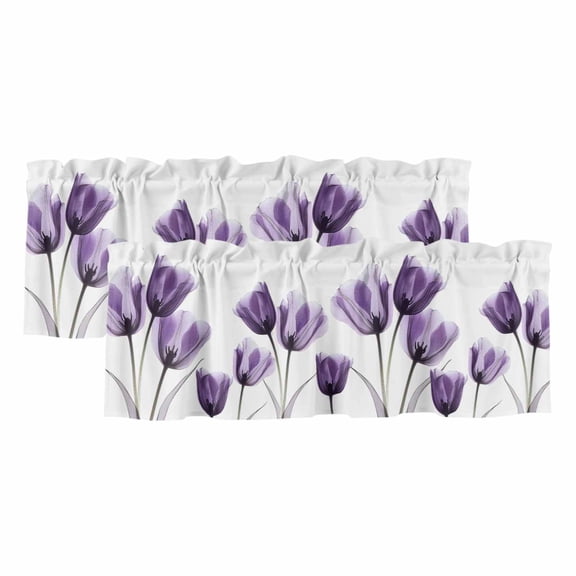 Purple Tulip Floral Valances for Windows, Light Filtering Kitchen Curtain Valances 2 Panels, Pastel Country White Wildflower Rod Pocket Short Window Treatments for Living Room Bedroom 60"Wx18"L