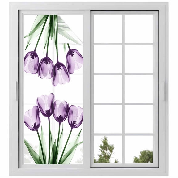 Purple Tulip Floral Window Privacy Film, Farmhouse Elegant Botanical Flowers Static Cling UV Sun Blocking Heat Control Window Tint, Non-Adhesive One Way Windows Privacy Cover 23.6''x59''