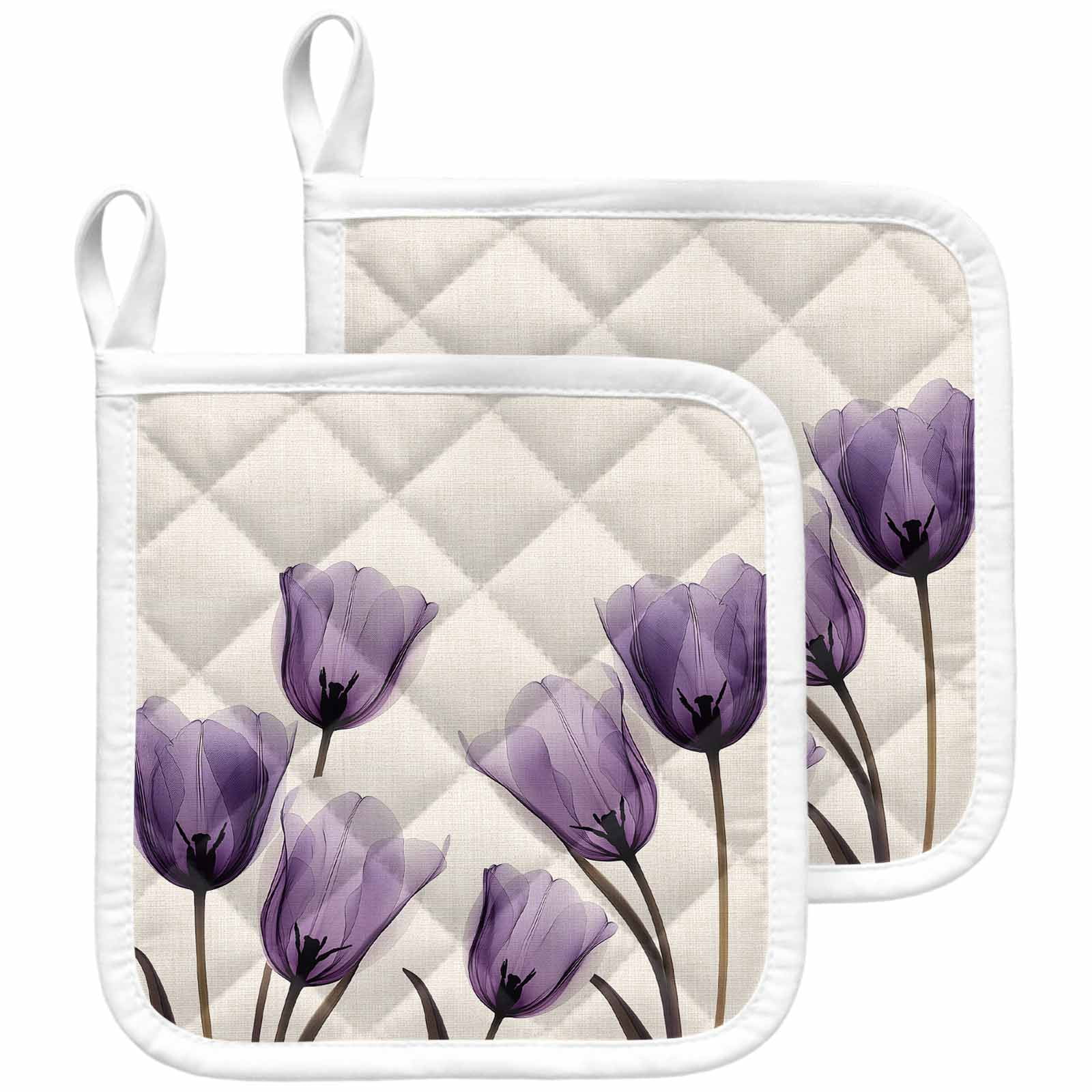 Purple Tulip Flower Pot Holders for Kitchen Heatproof Potholder, 2 Pack Aesthetics Farmhouse Floral Plant Hot Pads Multipurpose Oven Pads Cloth Potholders Trivet for Cooking and Baking