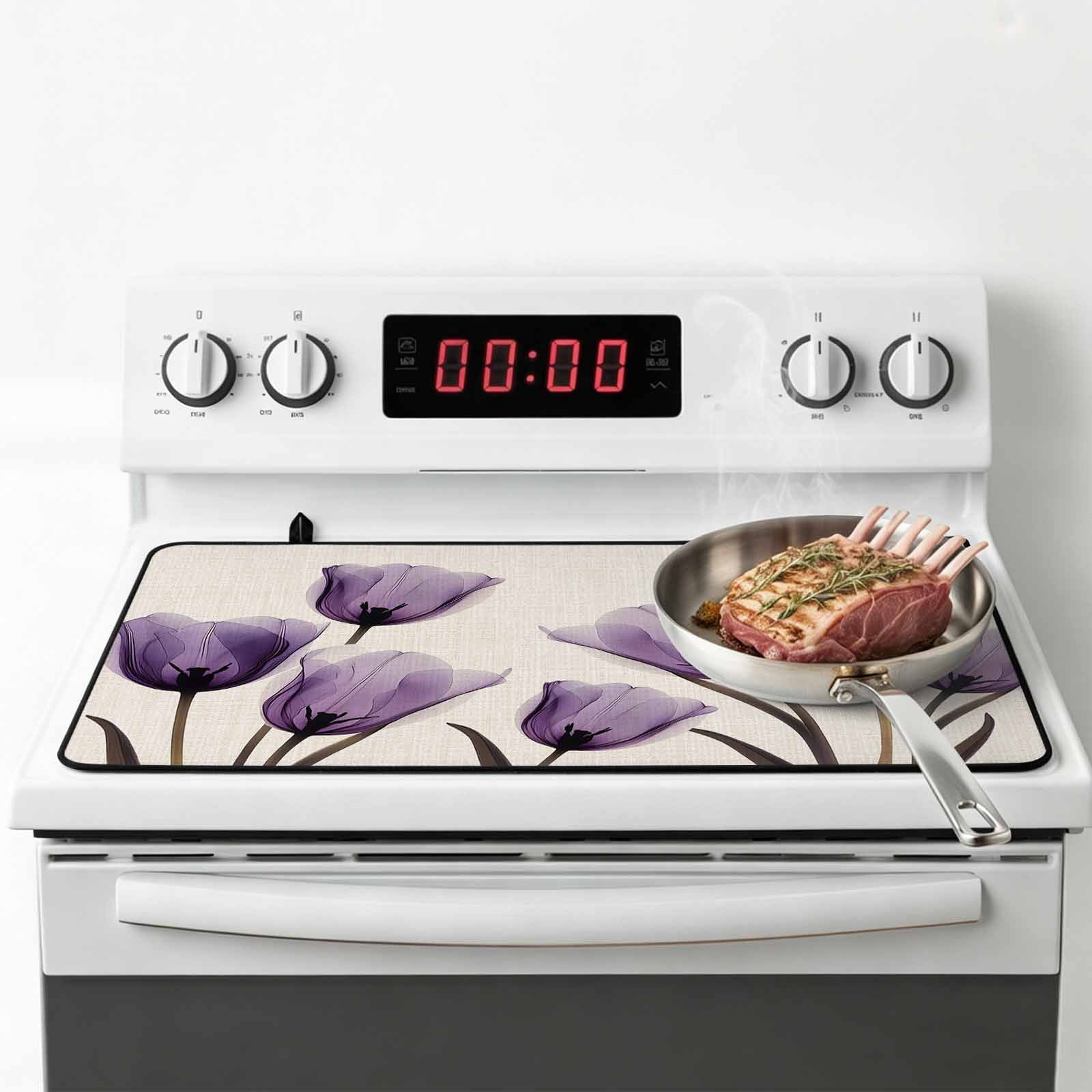 Purple Tulip Flower Stove Top Cover for Electric Stove, Heat-proof & Non Slip Glass Top Stove Cover Protector, Aesthetics Farmhouse Floral Plant Kitchen Flat Cooktop Rubber Mat 24x21 Inches