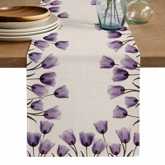 Purple Tulip Flower Table Runner, Aesthetics Farmhouse Floral Plant Washable Cotton Linen Table Runners 36 Inches Long, Dresser Scarf Runner for Nightstand/End Tables/Round Tables 13''x36''